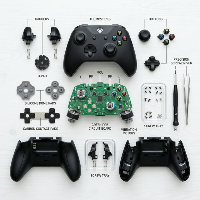 Disassembled modern gaming controller showing internal circuit board and analog stick modules for repair diagnostics