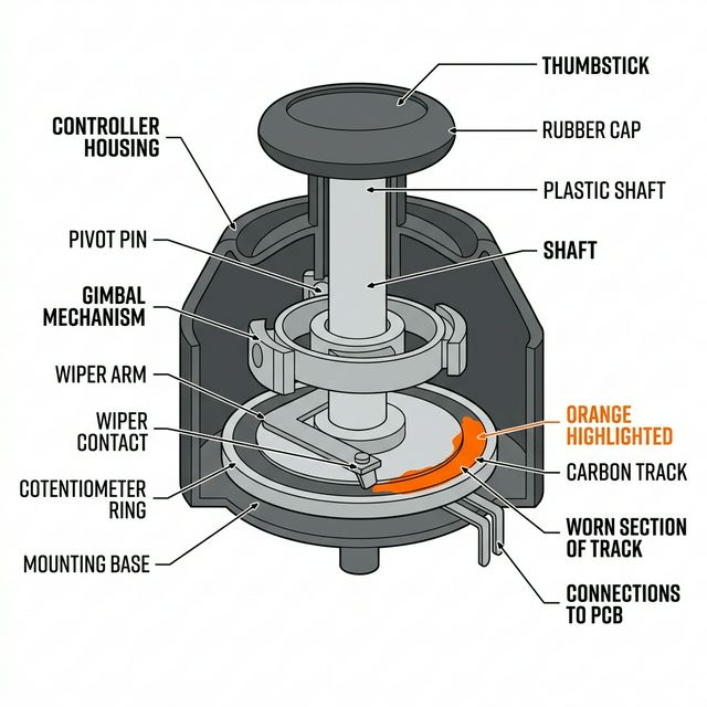 Technical diagram of gaming controller internal components illustrating precision testing and sensor calibration points